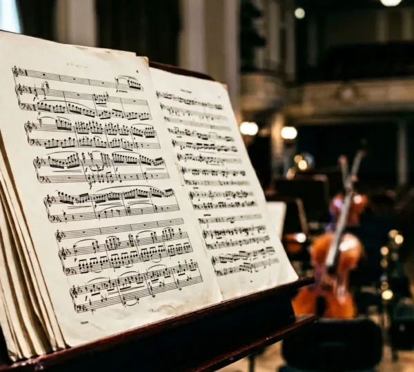 Orchestral score sheets layered with depth of field showing musical notation complexity