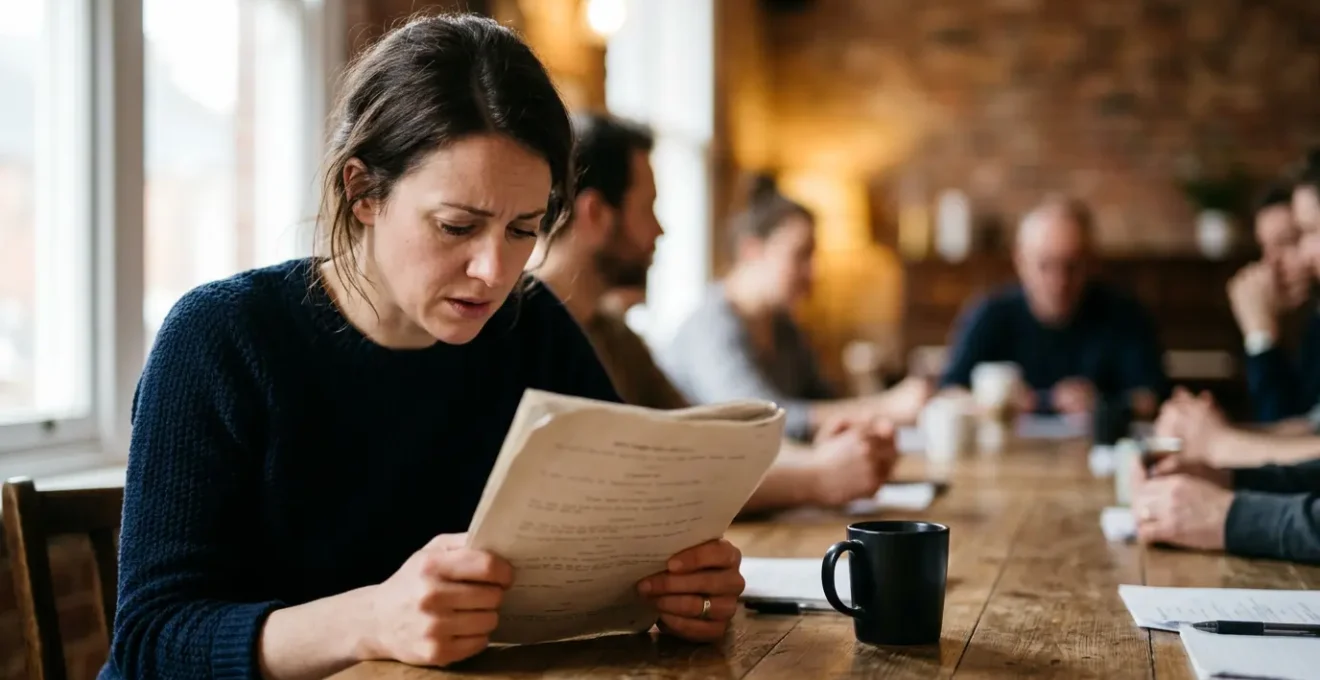 Playwright reviewing script during theatrical table read session