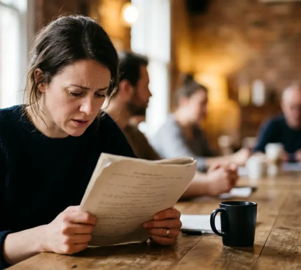 Playwright reviewing script during theatrical table read session