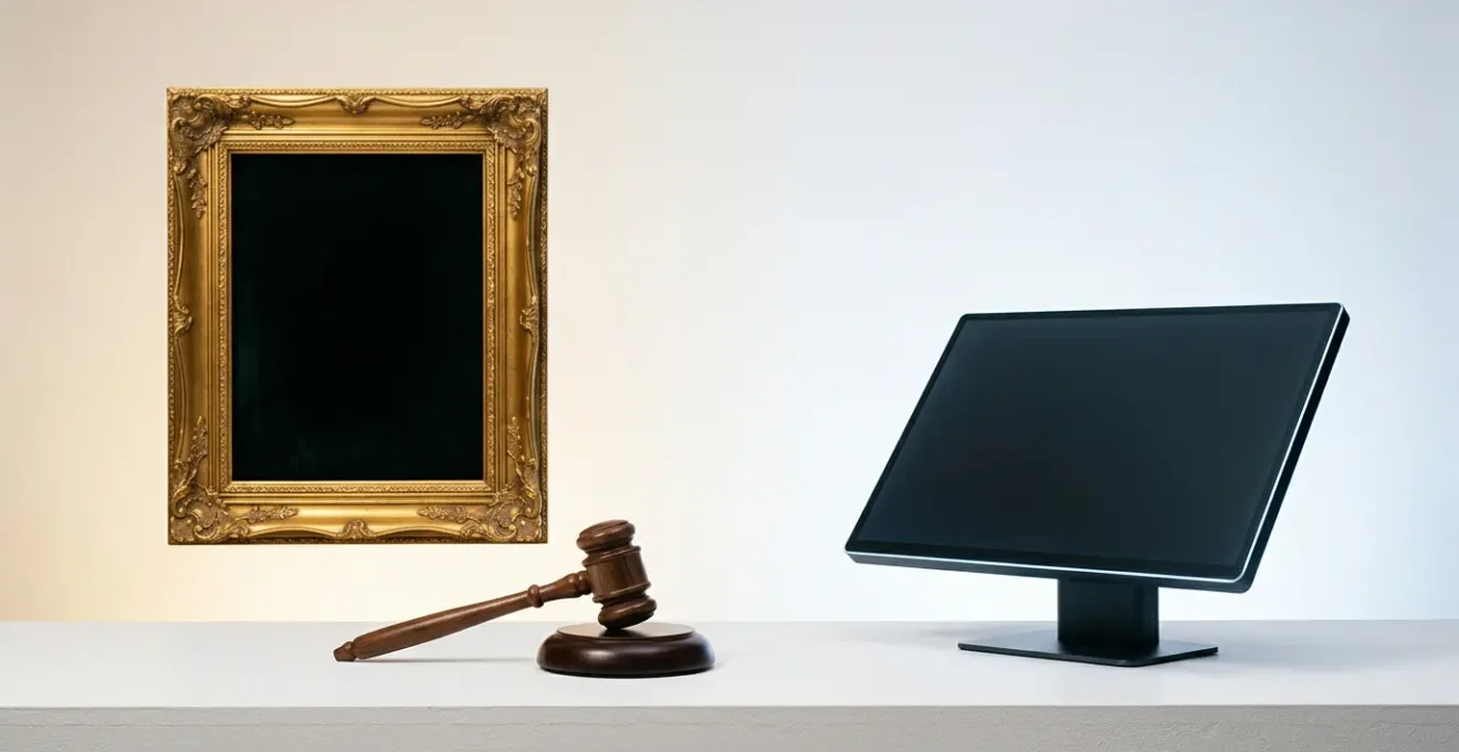 Contemporary art market transformation visualized through symbolic contrasts between traditional and digital collecting