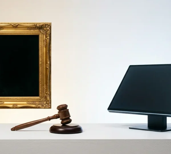 Contemporary art market transformation visualized through symbolic contrasts between traditional and digital collecting