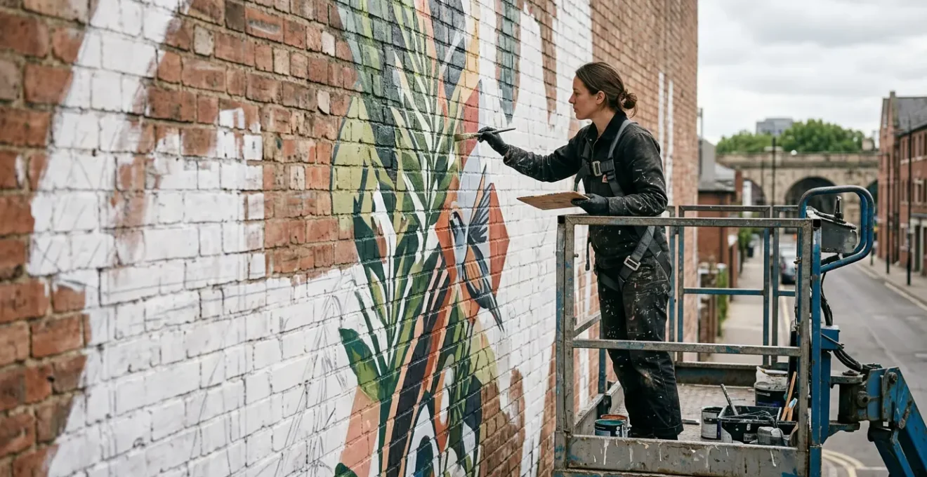 Professional mural artist working on a large-scale urban wall painting with scaffolding and precise technique