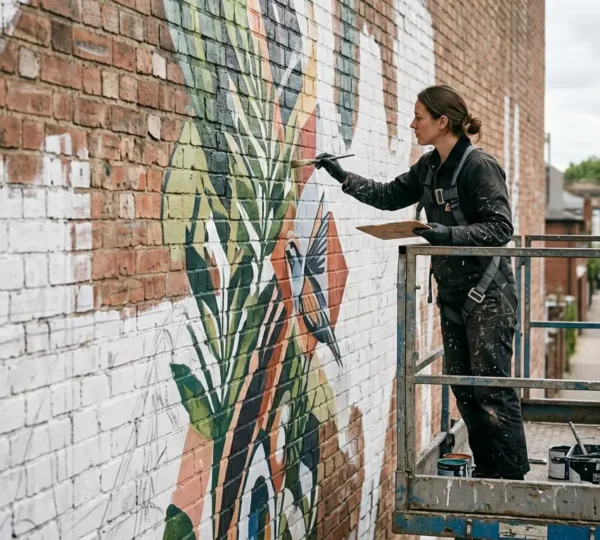 Professional mural artist working on a large-scale urban wall painting with scaffolding and precise technique