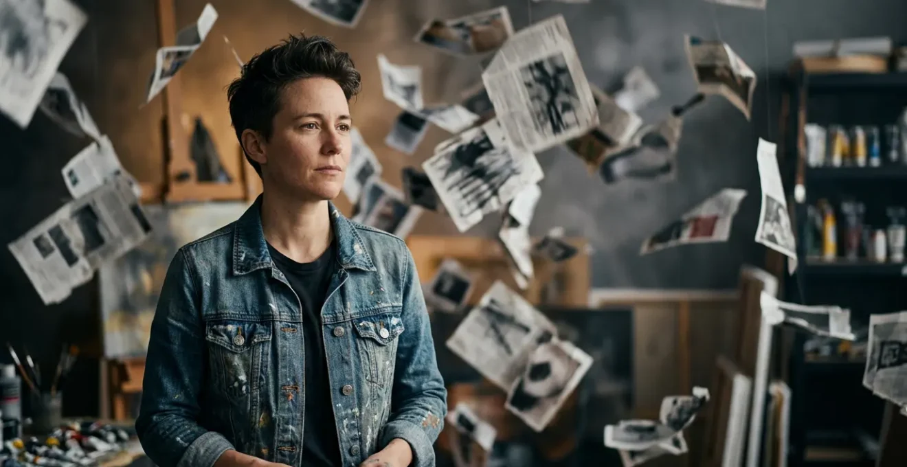 Artist standing amid swirling papers and critical headlines in atmospheric lighting