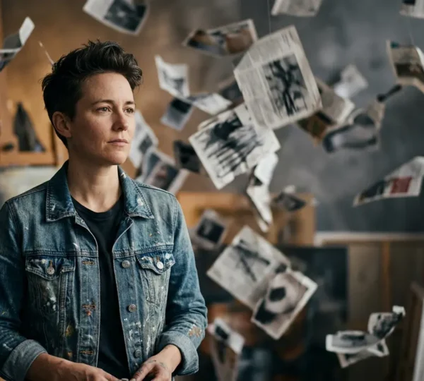 Artist standing amid swirling papers and critical headlines in atmospheric lighting