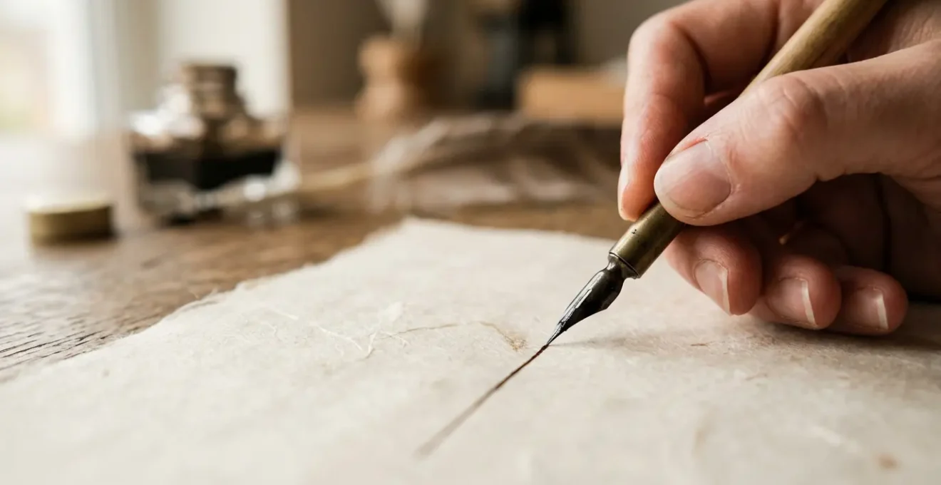 Close-up of artist's hands drawing precise lines with traditional pen on aged vellum paper, demonstrating steady control and fine motor precision