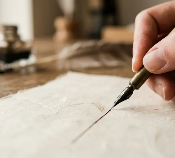 Close-up of artist's hands drawing precise lines with traditional pen on aged vellum paper, demonstrating steady control and fine motor precision