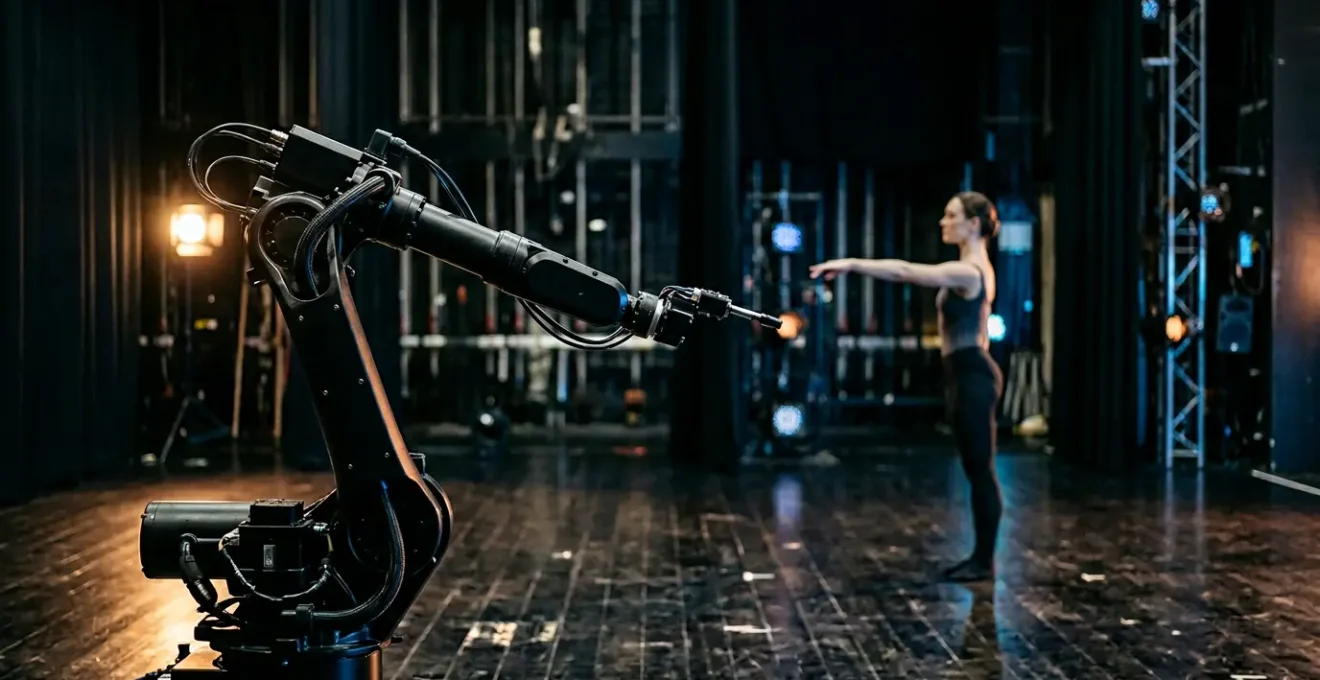 Industrial robotic arm and human performer collaborating in theatrical stage lighting with kinetic scenery in motion