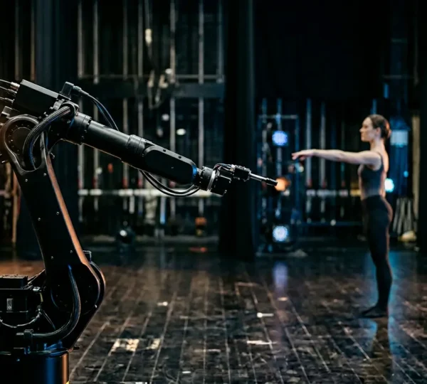 Industrial robotic arm and human performer collaborating in theatrical stage lighting with kinetic scenery in motion