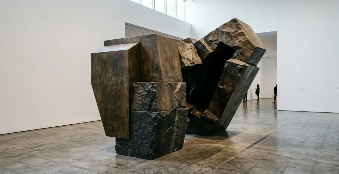 Abstract sculpture revealing dramatically different forms when viewed from multiple angles in gallery space
