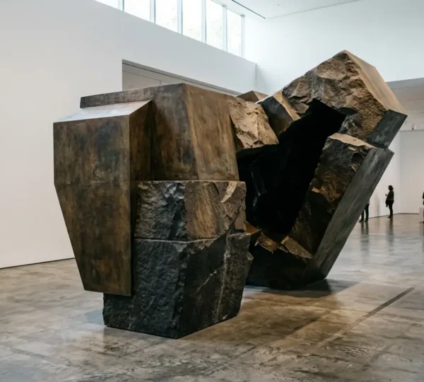 Abstract sculpture revealing dramatically different forms when viewed from multiple angles in gallery space