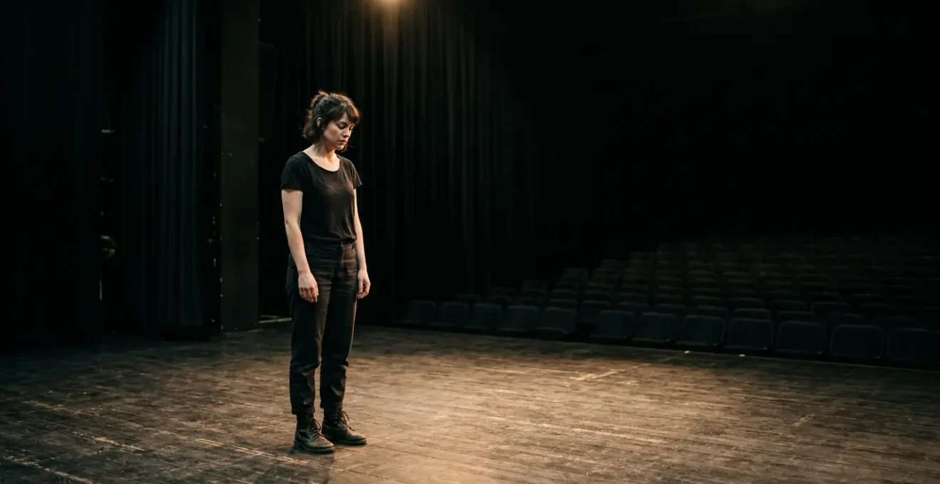 Solitary actor on empty stage experiencing artistic isolation despite technical perfection