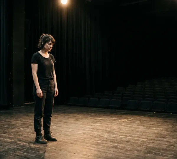 Solitary actor on empty stage experiencing artistic isolation despite technical perfection