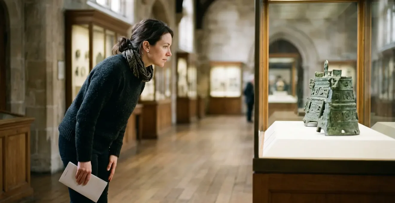 Museum visitor standing perplexed before historic artifacts in dimly lit gallery