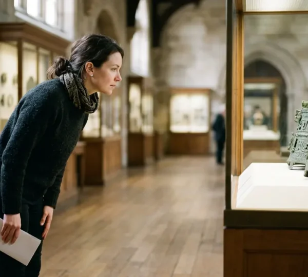 Museum visitor standing perplexed before historic artifacts in dimly lit gallery