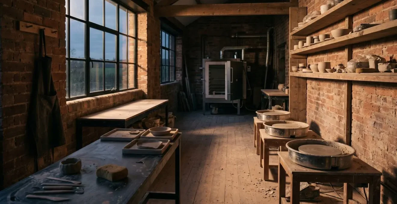 Empty pottery studio workspace with abandoned pottery wheels and kiln symbolizing UK pottery workshop closure crisis