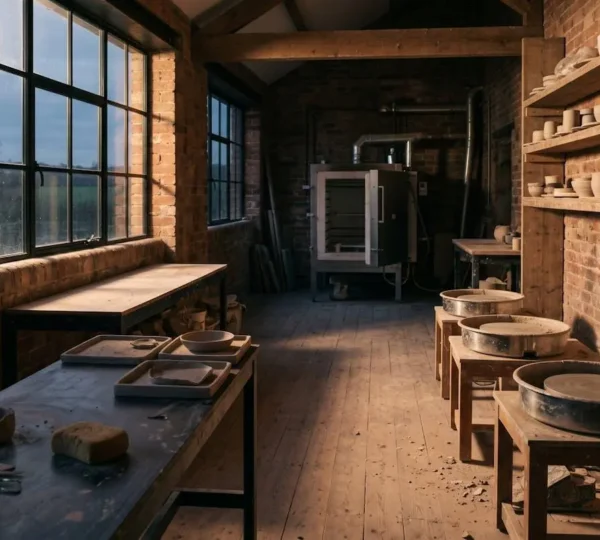 Empty pottery studio workspace with abandoned pottery wheels and kiln symbolizing UK pottery workshop closure crisis