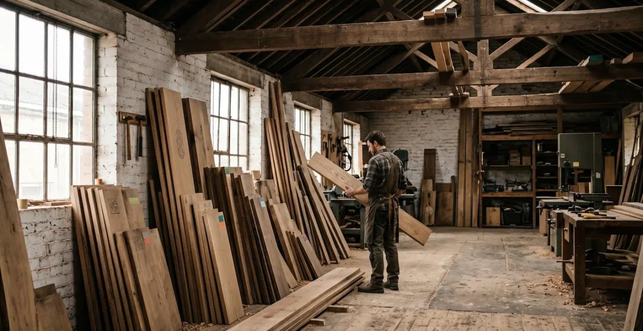A UK furniture maker examining certified sustainable timber boards in a traditional British workshop