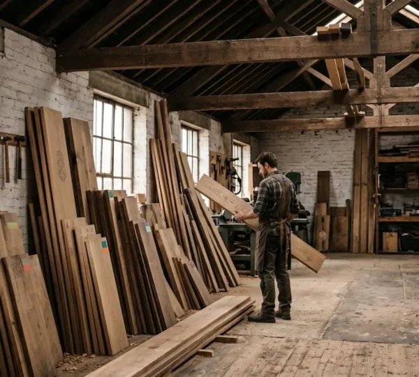A UK furniture maker examining certified sustainable timber boards in a traditional British workshop