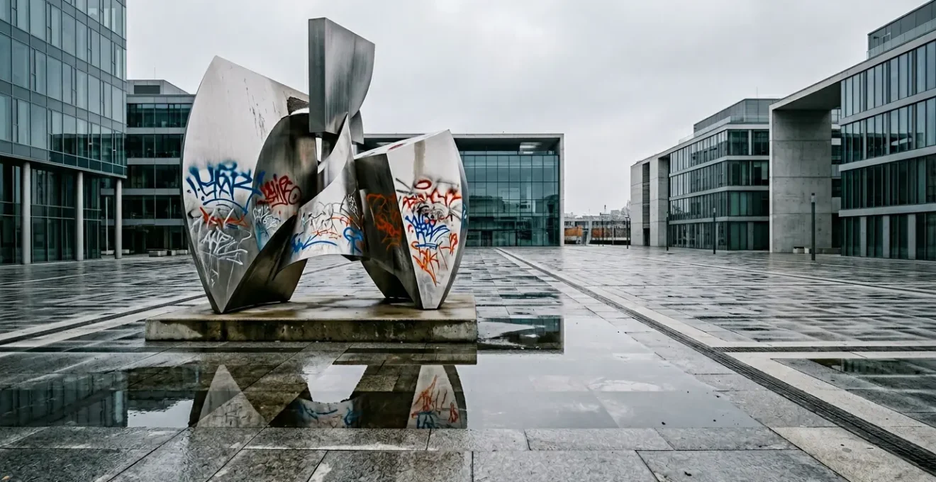 Expensive public sculpture showing signs of vandalism in urban setting