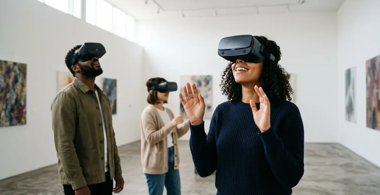 Diverse young visitors experiencing virtual reality art in a contemporary museum gallery with VR headsets
