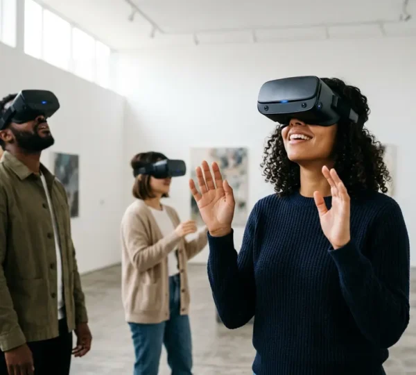 Diverse young visitors experiencing virtual reality art in a contemporary museum gallery with VR headsets