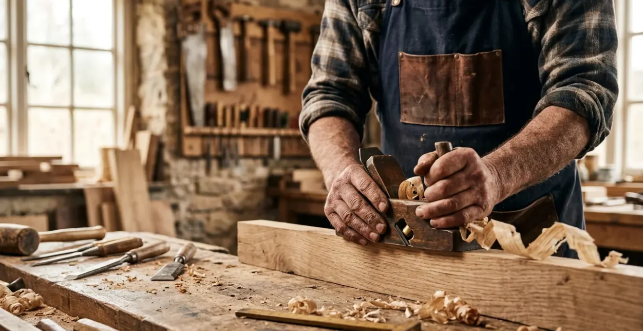 Skilled craftsman in traditional British workshop carefully shaping timber by hand, representing the value gap in artisan woodworking versus trade professions