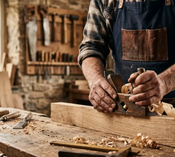 Skilled craftsman in traditional British workshop carefully shaping timber by hand, representing the value gap in artisan woodworking versus trade professions