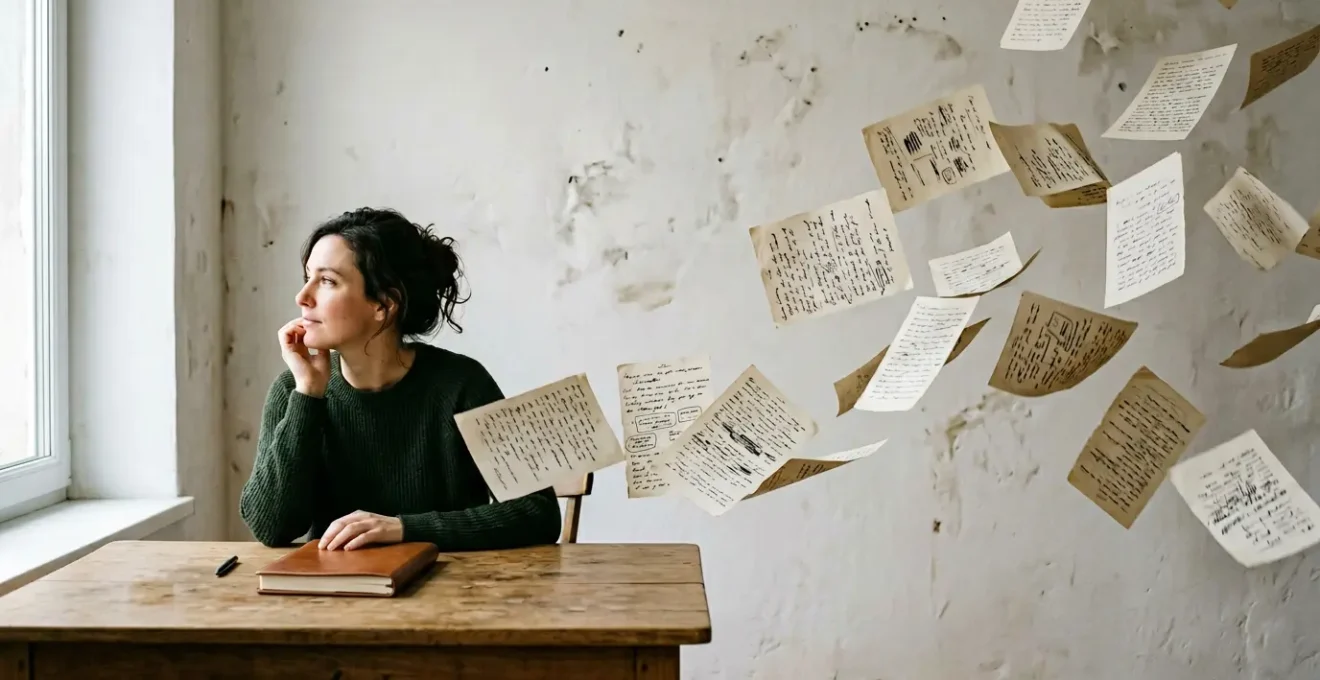 Writer surrounded by floating manuscript pages with diverse character expressions