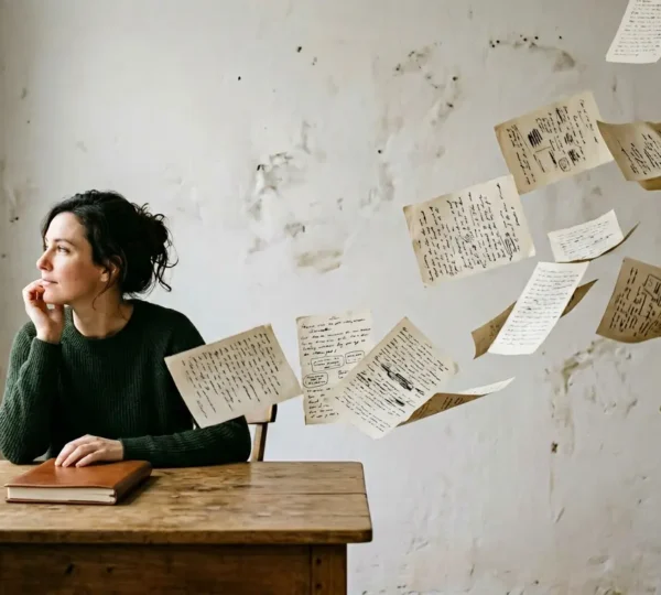 Writer surrounded by floating manuscript pages with diverse character expressions