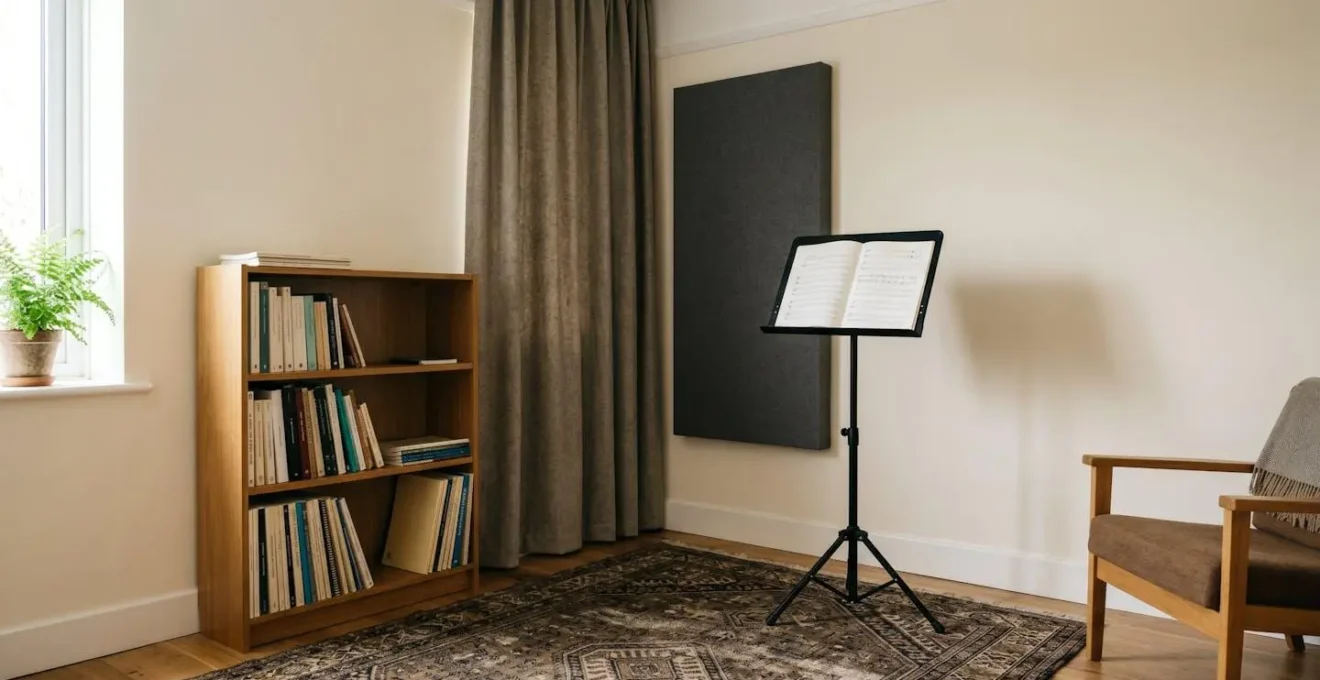 Minimalist practice room interior showing strategic placement of acoustic treatment elements and optimal violin playing position