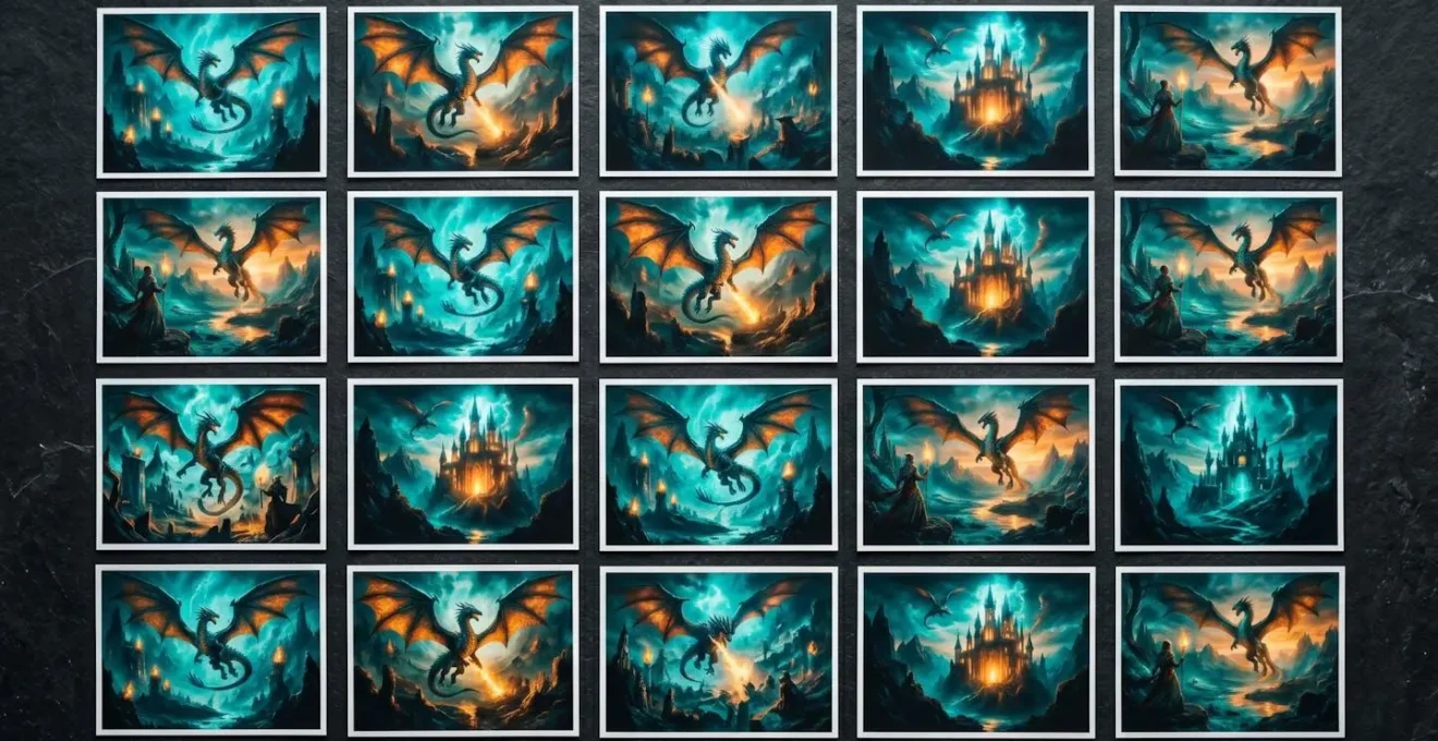 Symbolic arrangement of similar-looking artworks demonstrating aesthetic convergence in AI-generated art