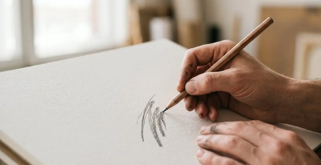 Close-up of artist's hands sketching on paper with pencil, raw traditional drawing process contrasting with digital creation tools