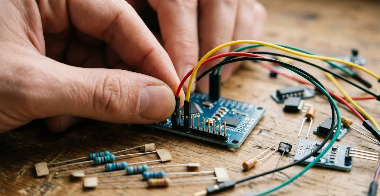 Close-up of hands assembling electronic sensors and microcontroller for art installation prototype