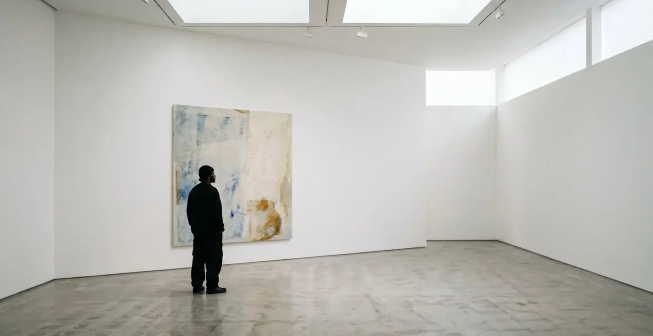 Person examining contemporary artwork details in natural gallery light