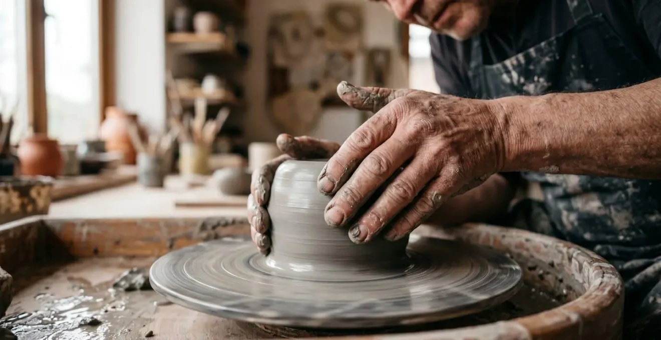 Close-up of skilled potter's hands centering clay on spinning wheel showing artisan craftsmanship and expertise
