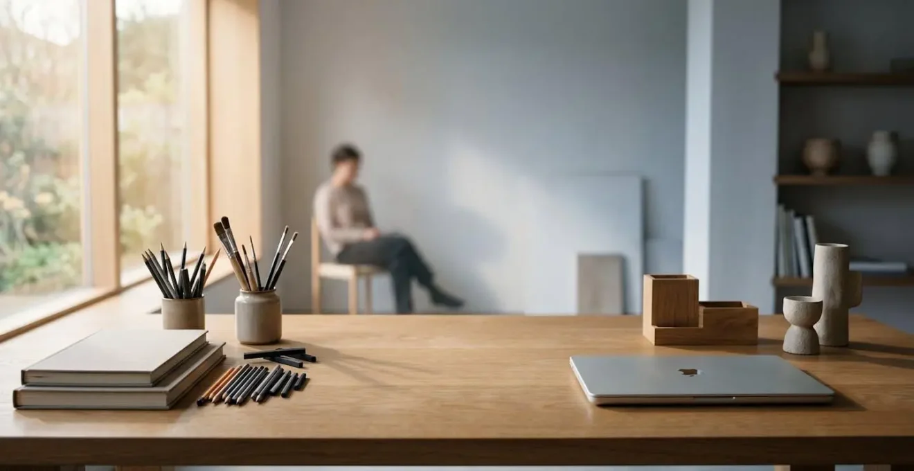 Wide-angle photograph of an artist's workspace showing the intersection of traditional and digital creative tools
