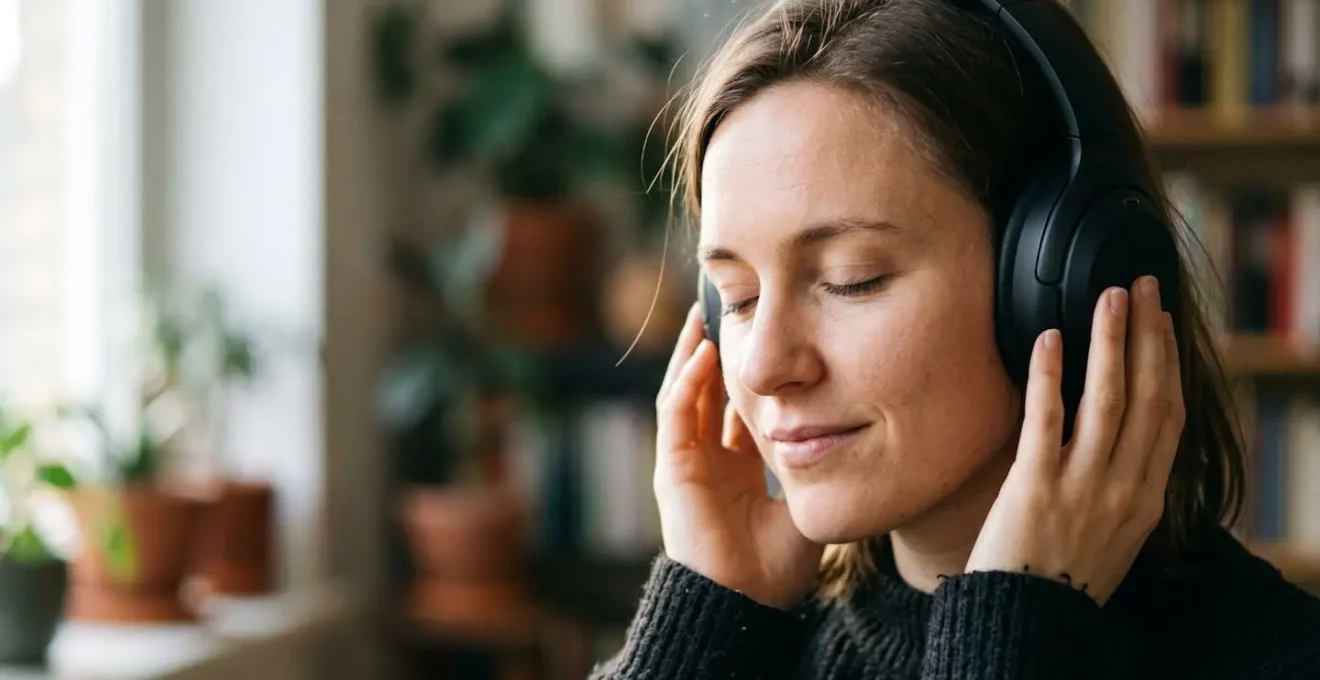 Person experiencing binaural audio through headphones with closed eyes showing emotional response