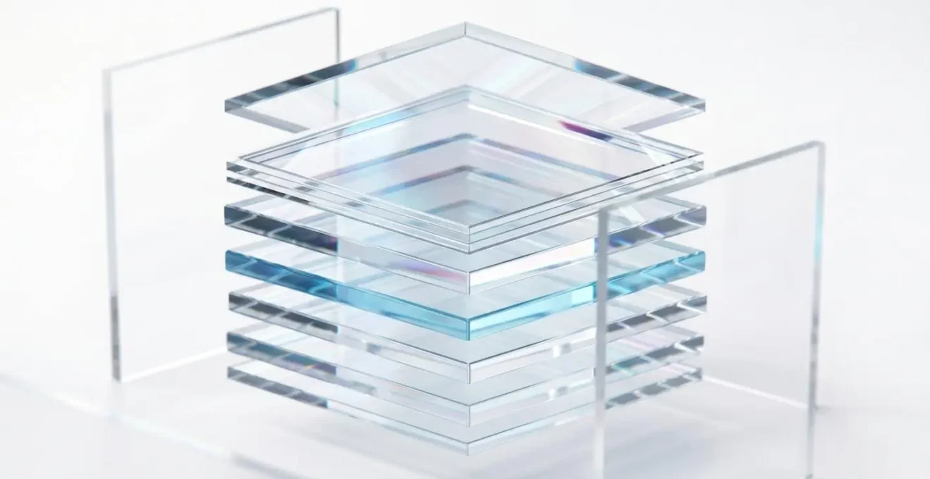 Abstract visualization of transparent layered data streams representing blockchain provenance verification for digital artwork