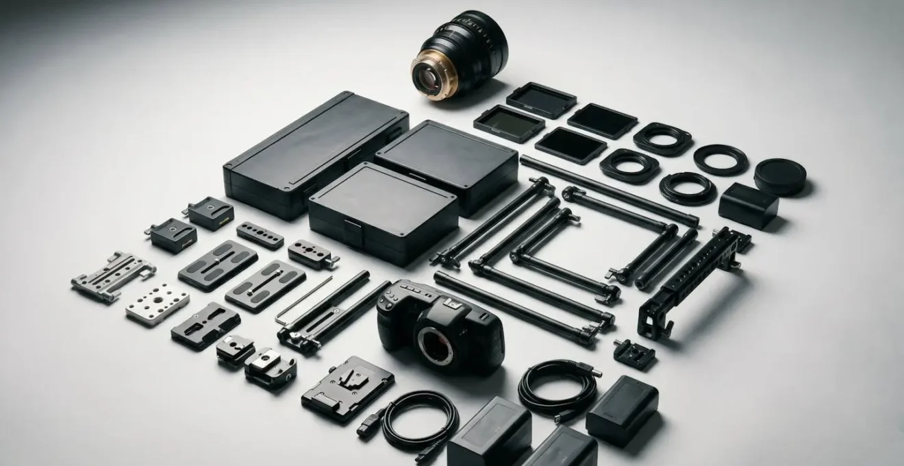Professional cinema camera accessories and ecosystem components arranged to show total investment