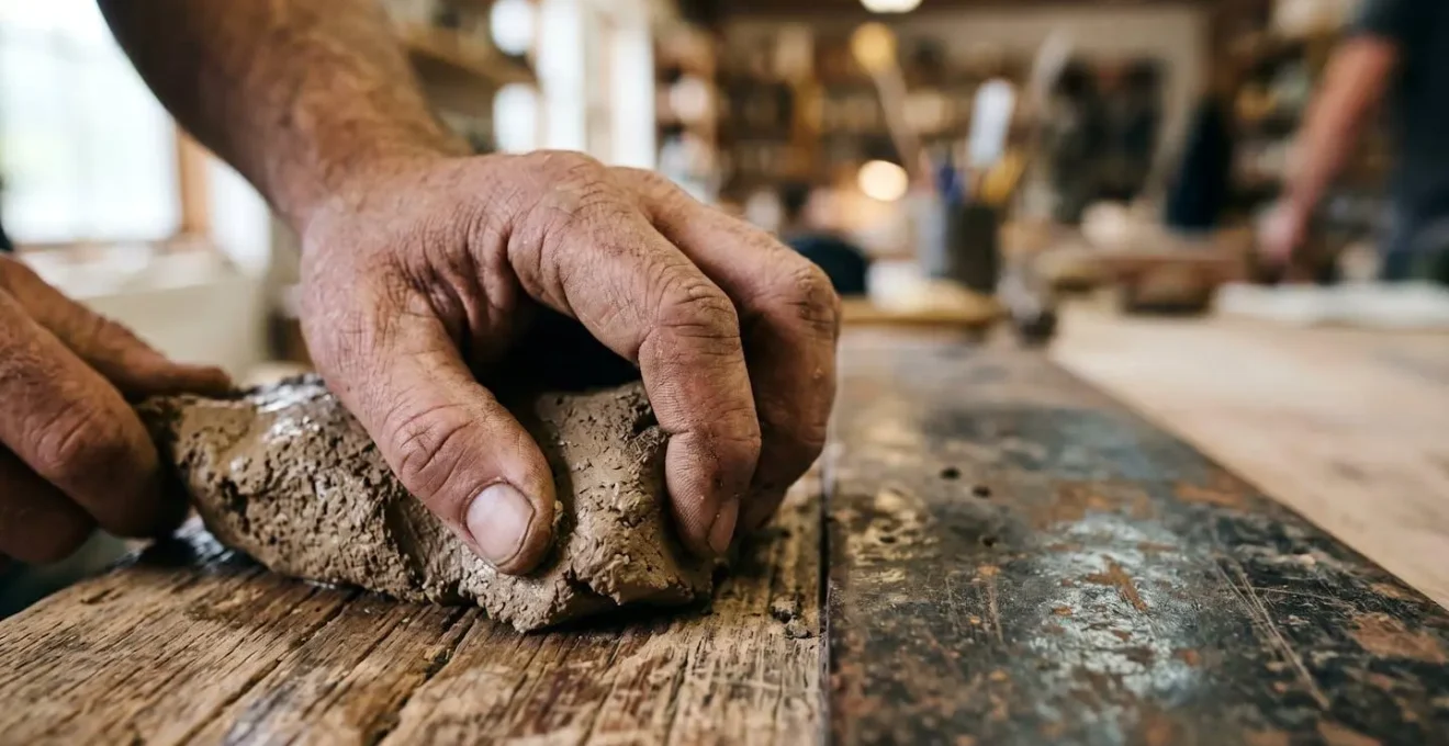 Close-up of hands working with sustainable materials in a maker's studio, symbolizing carbon footprint measurement