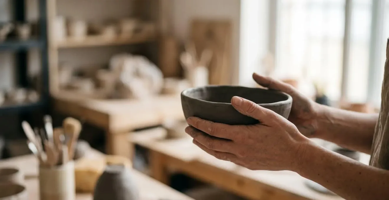 Artist workspace showing ceramic design sketches with natural clay samples and creative tools in soft natural light