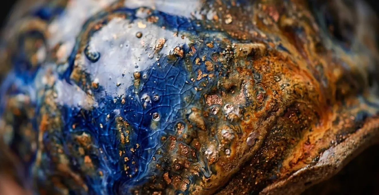 Extreme macro close-up of complex glazed ceramic surface showing intricate textural details and firing variations