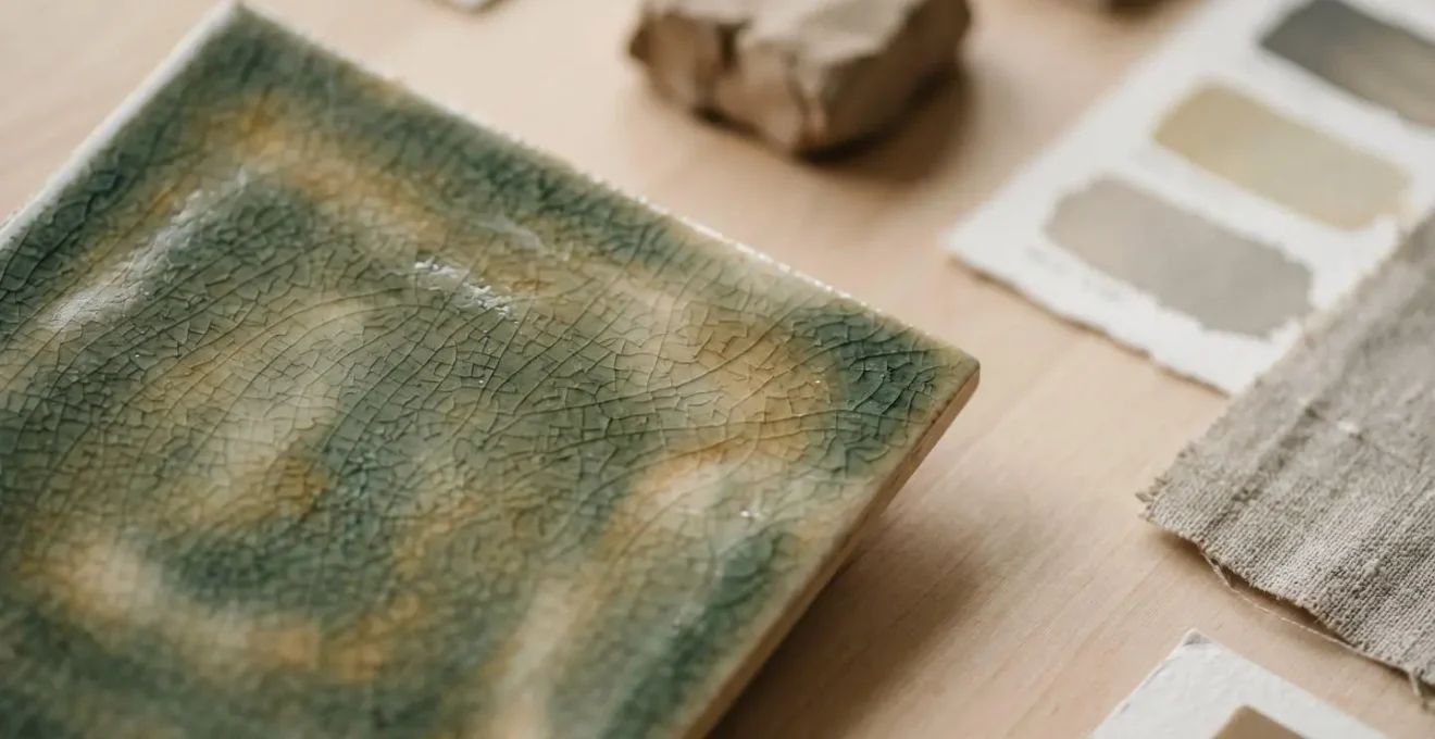 Professional workspace showing ceramic project specifications with material samples and design sketches on a clean desk