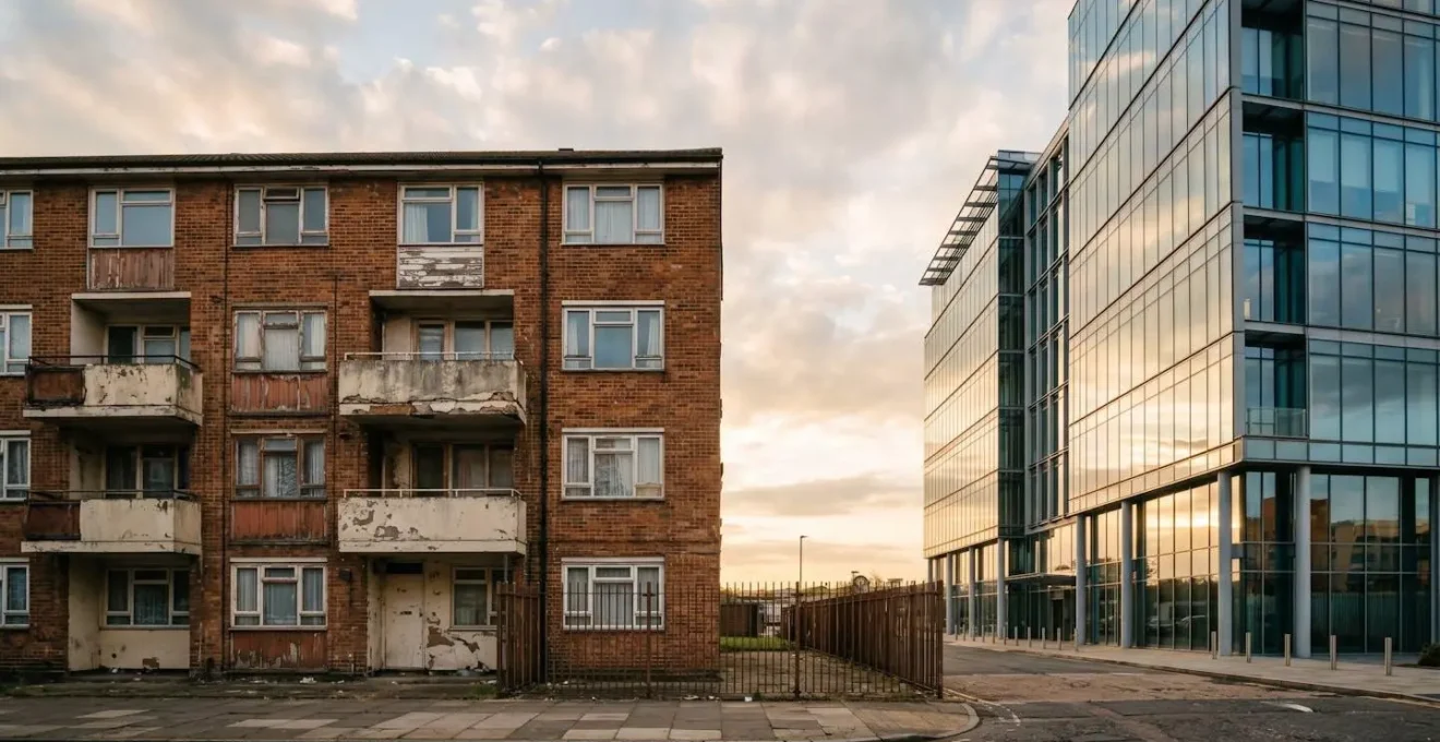 Layered urban environment showing class contrast through architecture