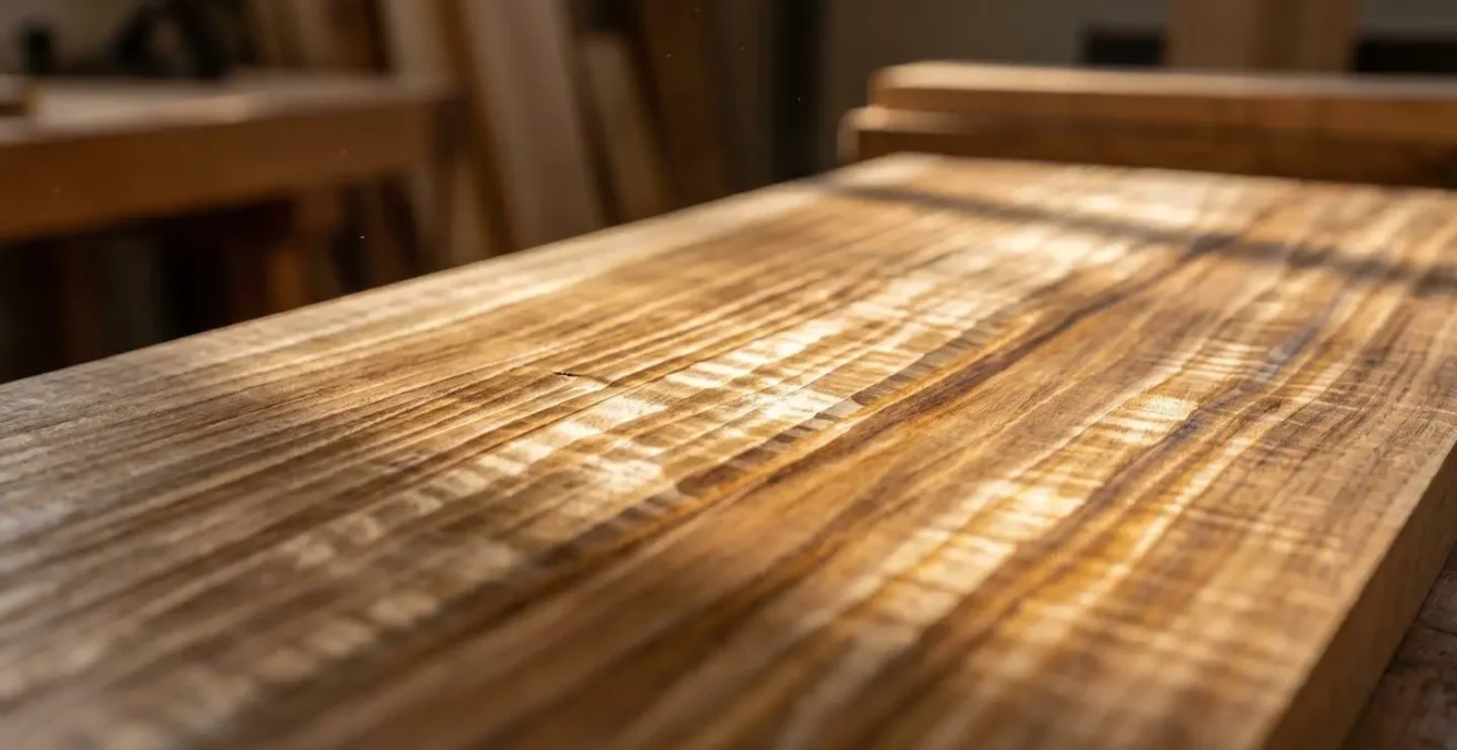 Dramatic side-lighting revealing chatoyancy and shifting color depth in hand-planed figured sycamore wood grain