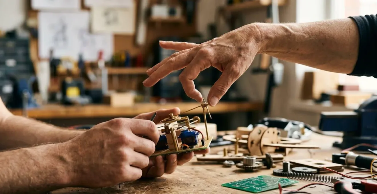 Close-up of hands gesturing during collaborative workshop between choreographer and engineer with physical prototypes on table