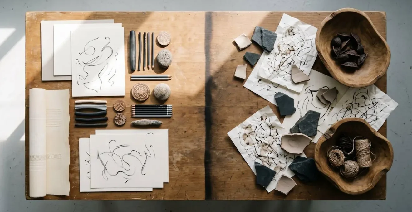 Collaborative choreographic workspace showing creative materials and spatial arrangements suggesting artistic decision-making process and authorial clarity