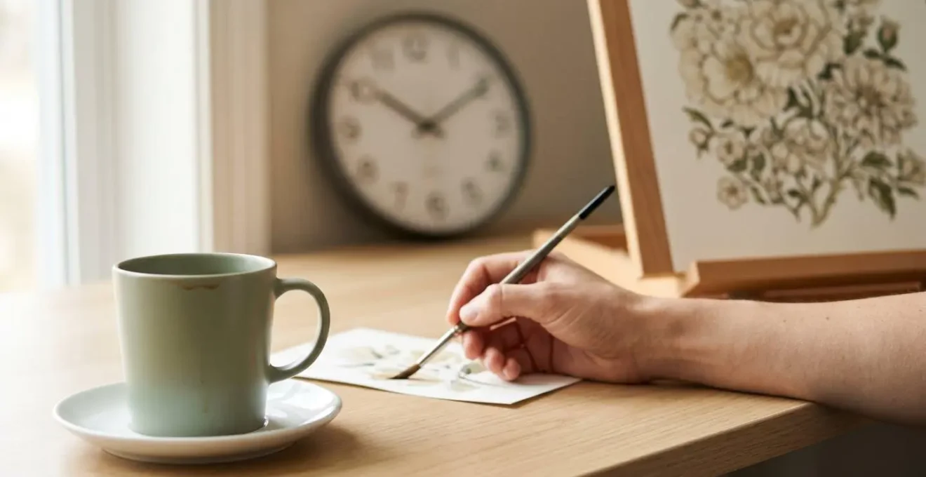 Serene morning artist workspace bathed in soft natural light, showing progression from coffee to warm-up exercises to detailed artwork