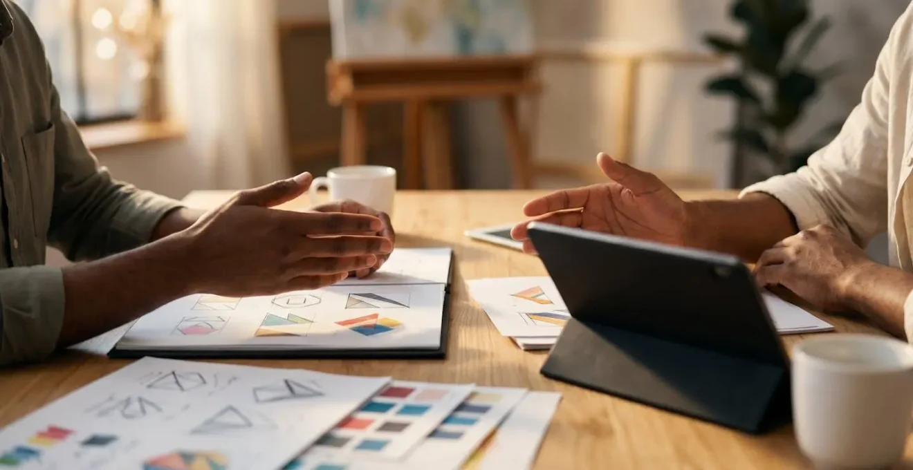 Close-up of artist and collector reviewing commission proposal documents in warm natural window light, symbolizing a direct professional transaction without intermediaries.